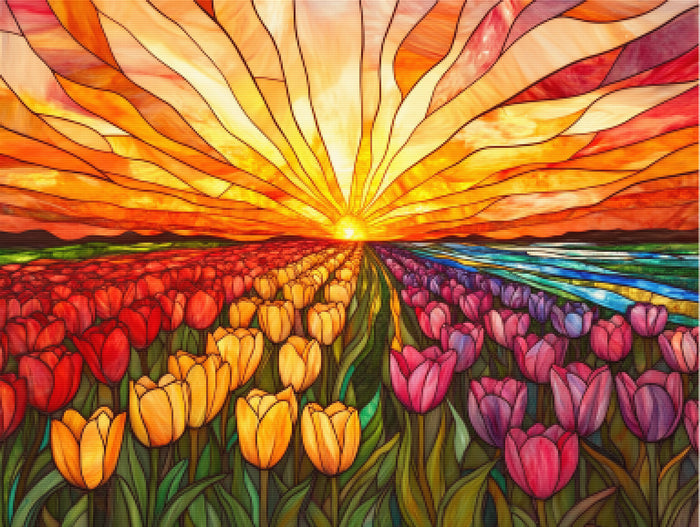 Sunset Over a Tulip Field