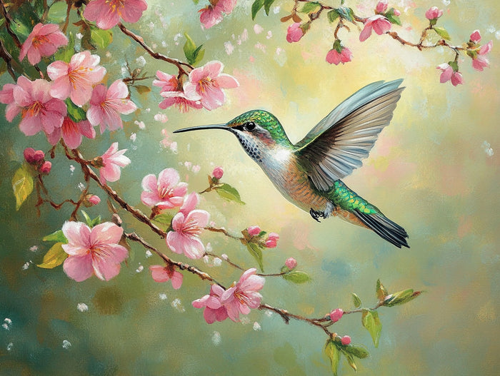 Tiny Hummingbird Hovers Near A Branch